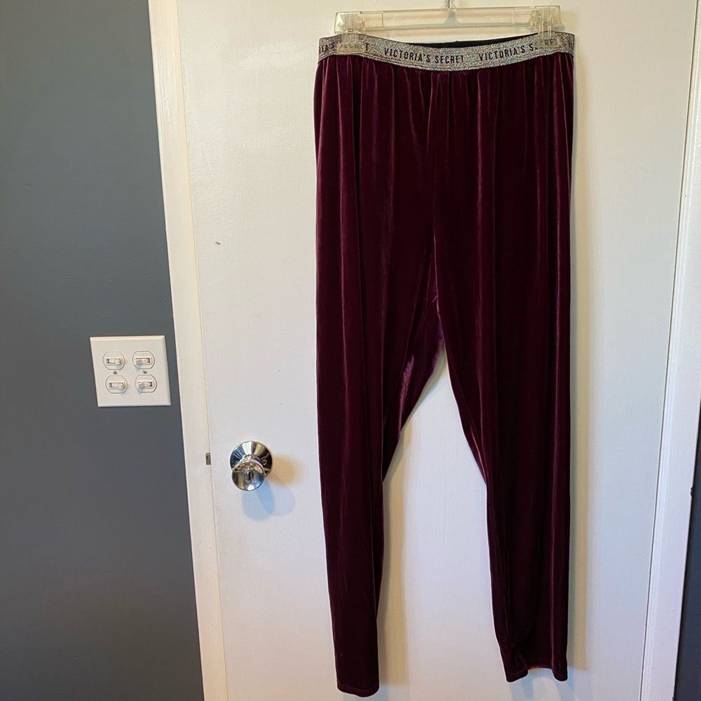 Victoria's Secret Velvet Burgundy Lounge Pants with Logo Waistband